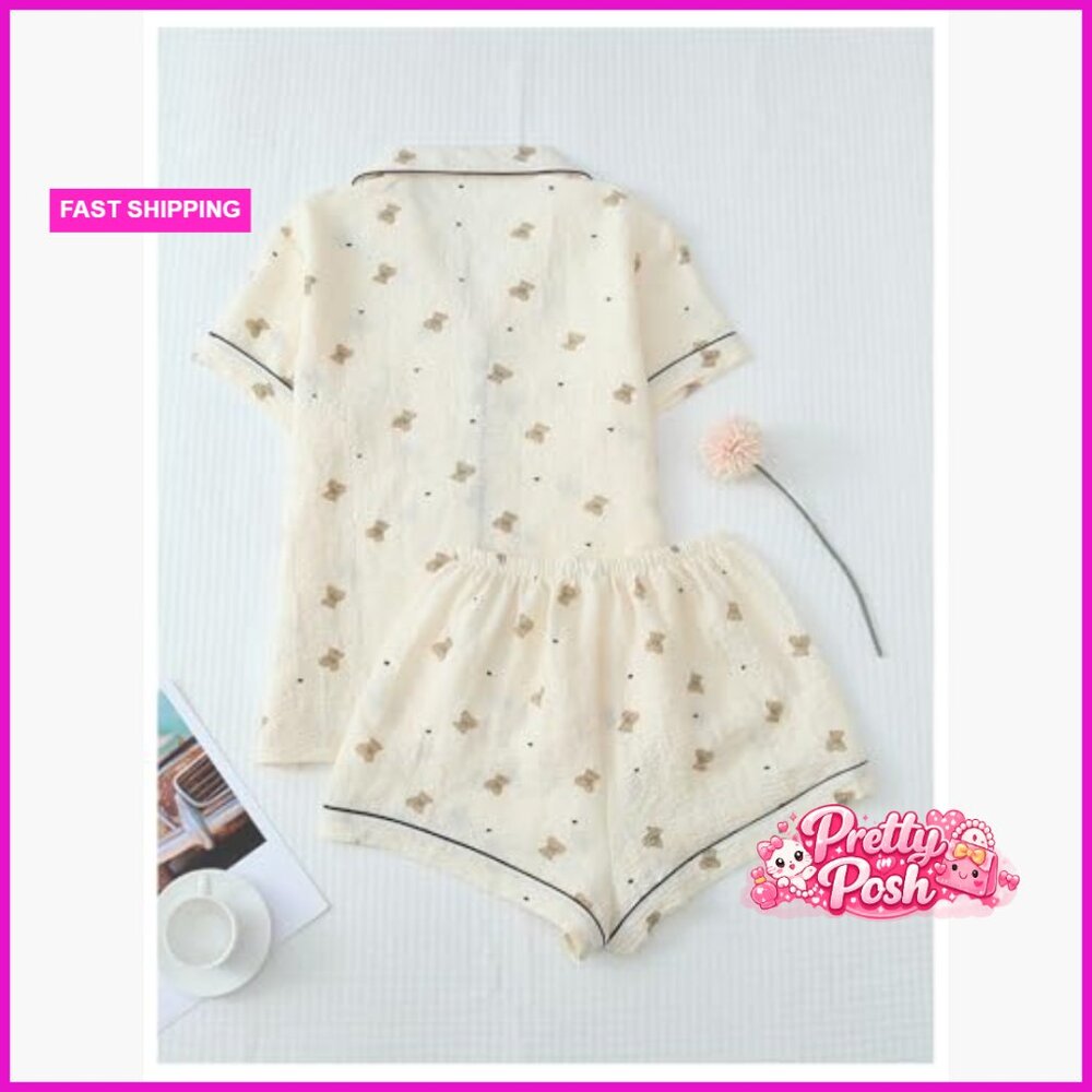 Polyester Blend Short Sleeve Button Down Pajama S… - image 2